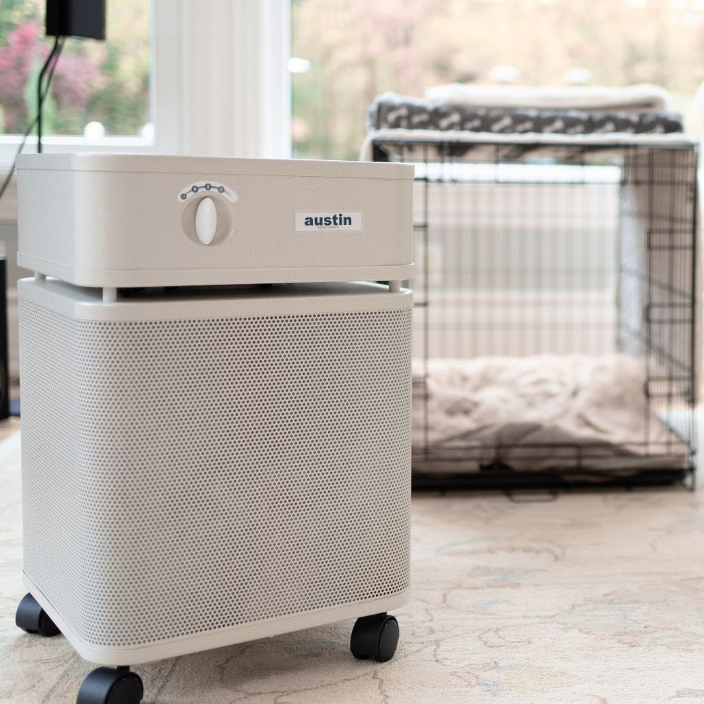 Austin Air HealthMate air purifier on a light wooden floor.