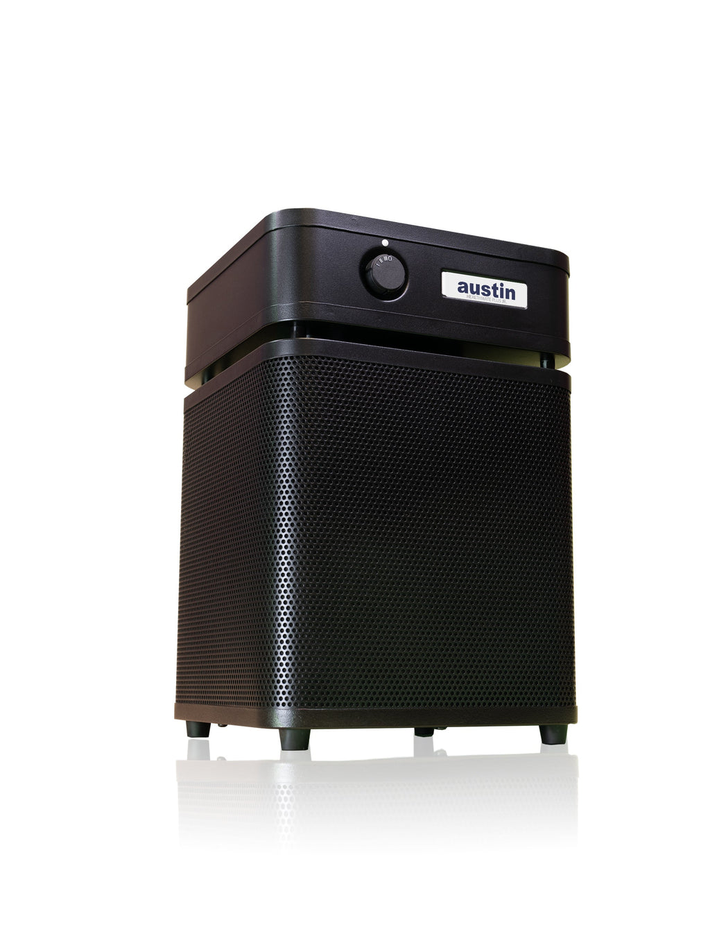 healthmate plus junior black air purifier with 'austin' branding on a white background