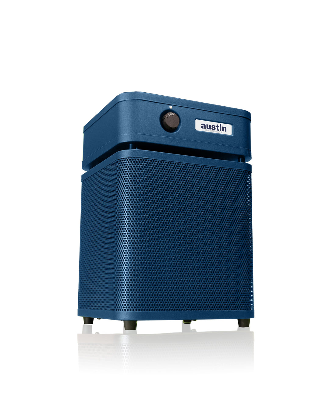 healthmate plus junior blue air purifier with 'austin' branding on a white background