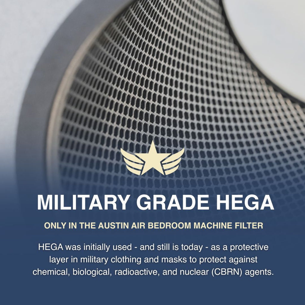 Austin Air Bedroom Machine Filter with military grade HEGA text and logo