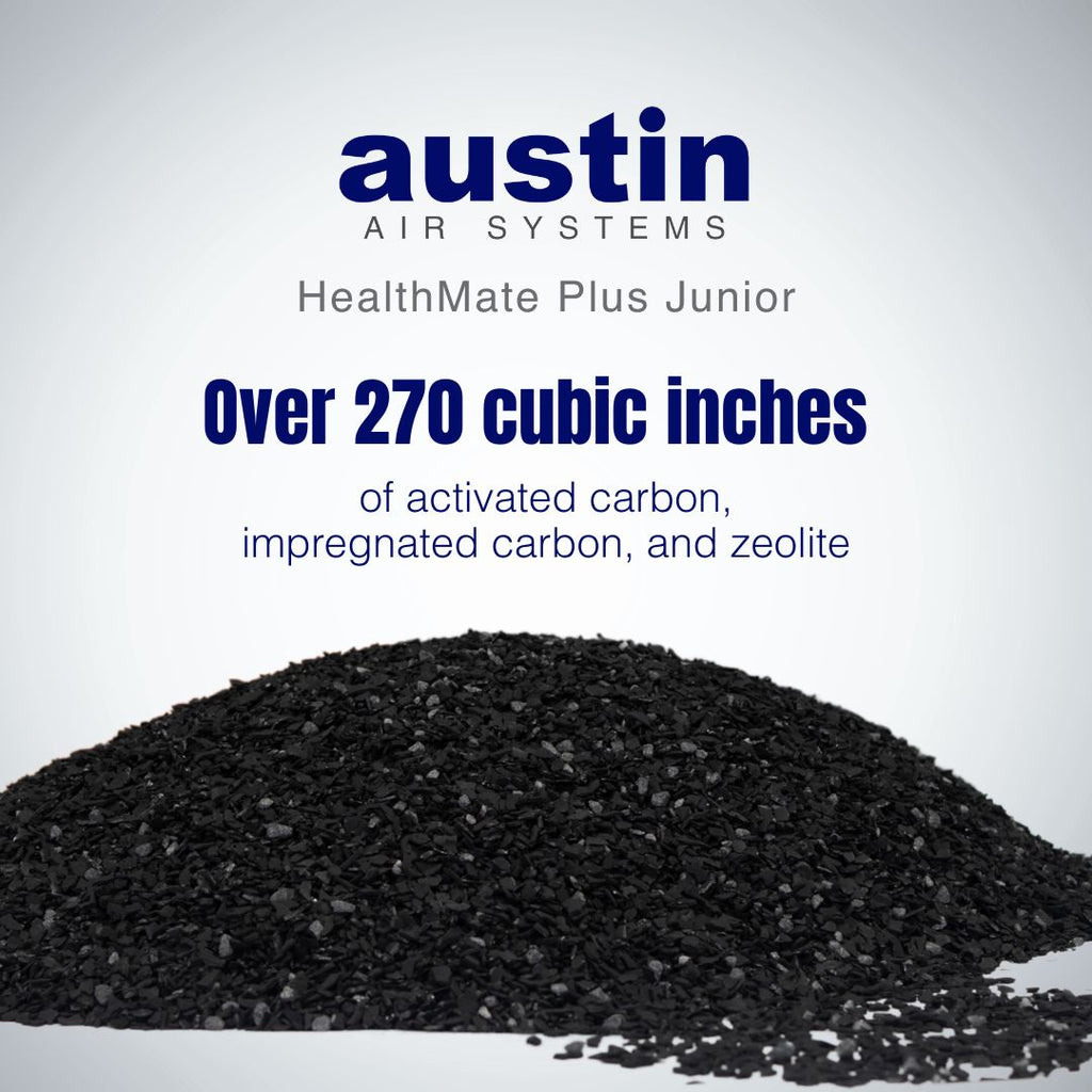 Pile of activated carbon with Austin Air Systems branding and product details.