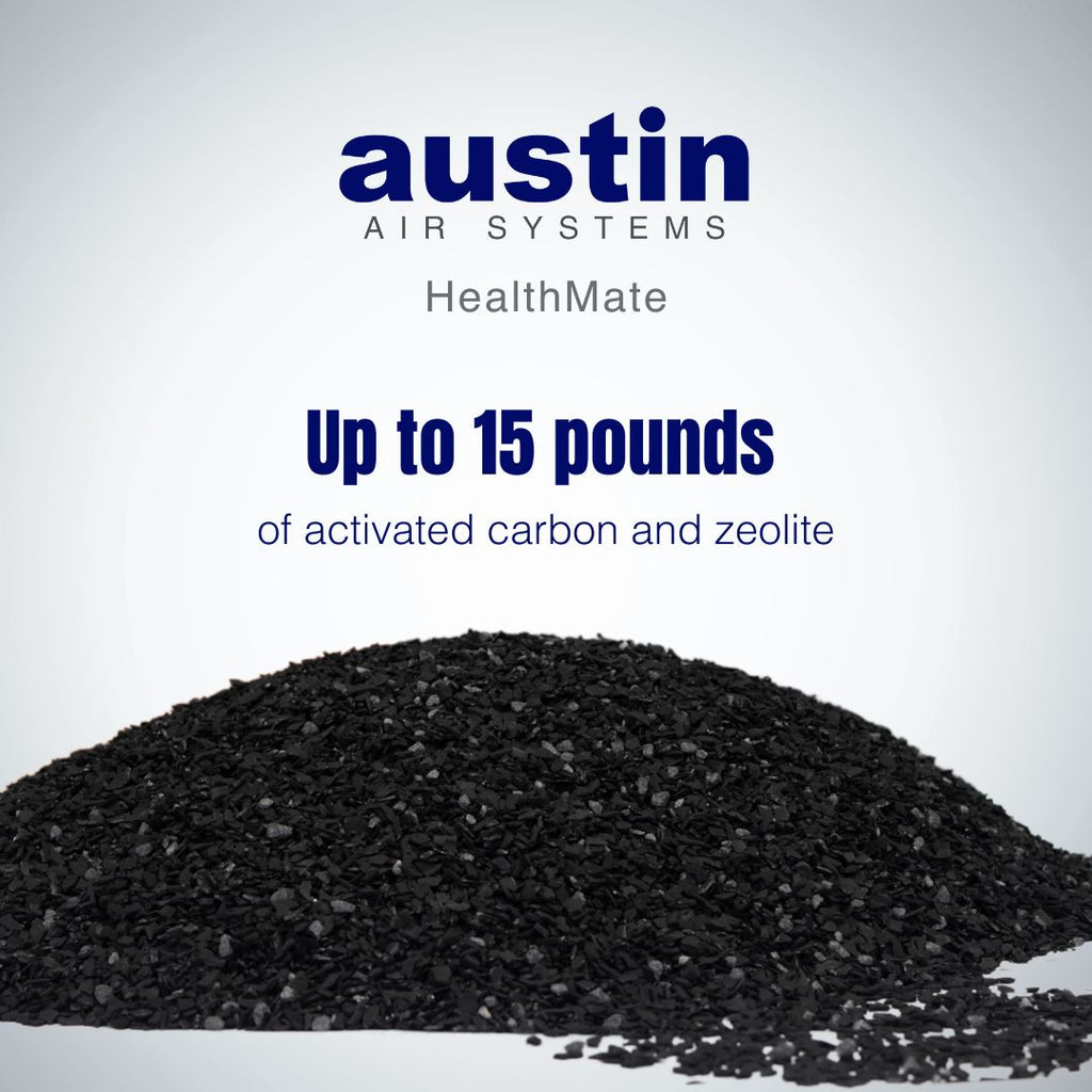 Pile of activated carbon with Austin Air Systems branding on a light gray background
