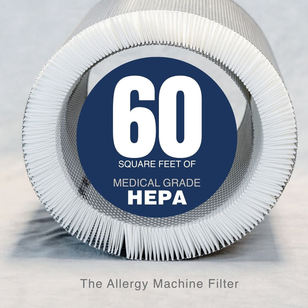 HEPA filter with '60 square feet of medical grade HEPA' label on a gray background