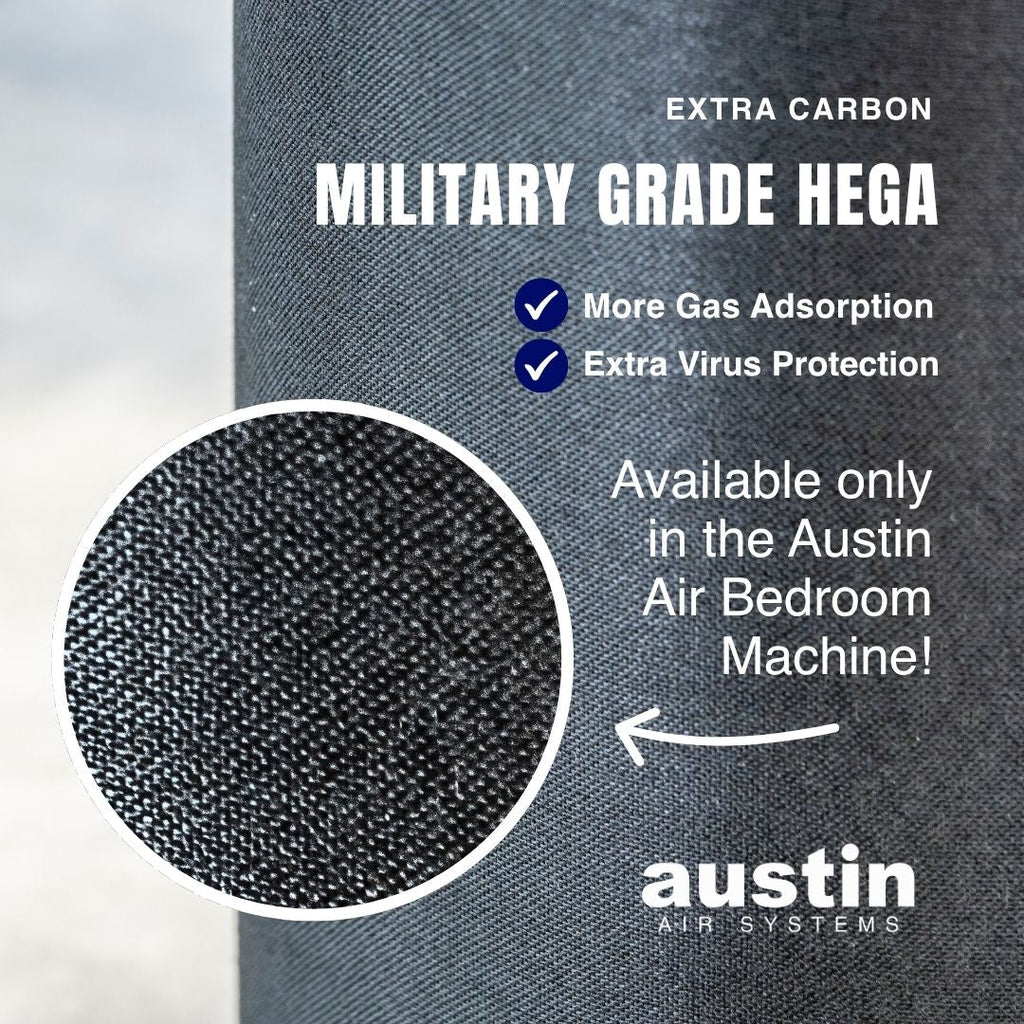 Advertisement for Austin Air Systems' military grade HEGA filter with text and close-up of material.